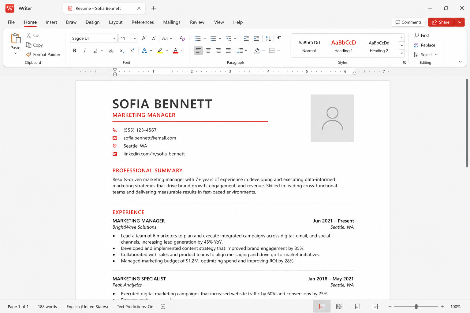 Writer document editor with a resume open on a light desktop